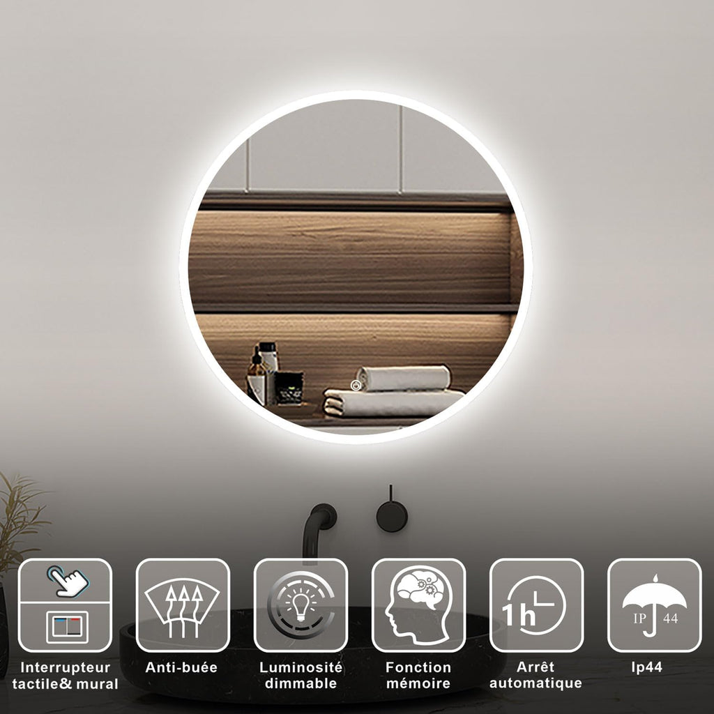 Round Bathroom Mirror 60 cm Anti-Fog + Dimmable + Memory LED Illuminated Mirror